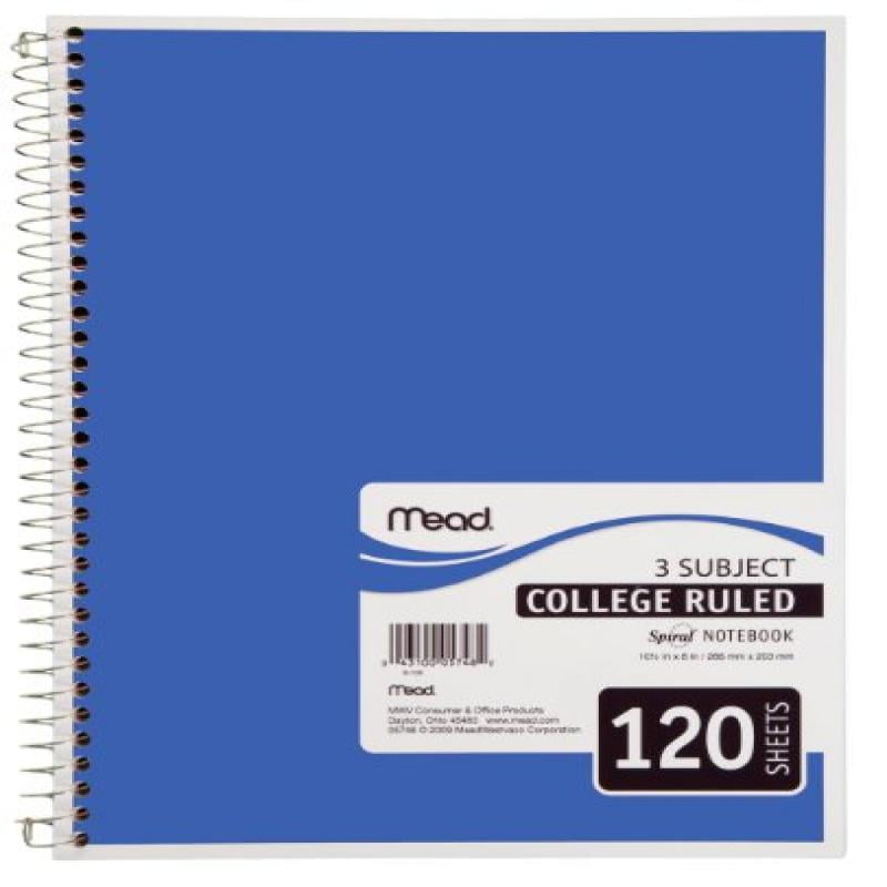 Mead Spiral Notebook, 3 Subject, College Ruled, Blue (72229) Walmart