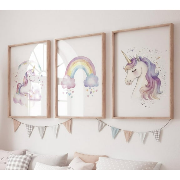 UNFFRAMED Unicorn Nursery Wall Art Set, Rainbow Print, Pastel Girl Bedroom Decor, Magical Unicorn Prints For Baby Room, Rainbow Print, Unicorn #243 Set 3 Prints 8x12