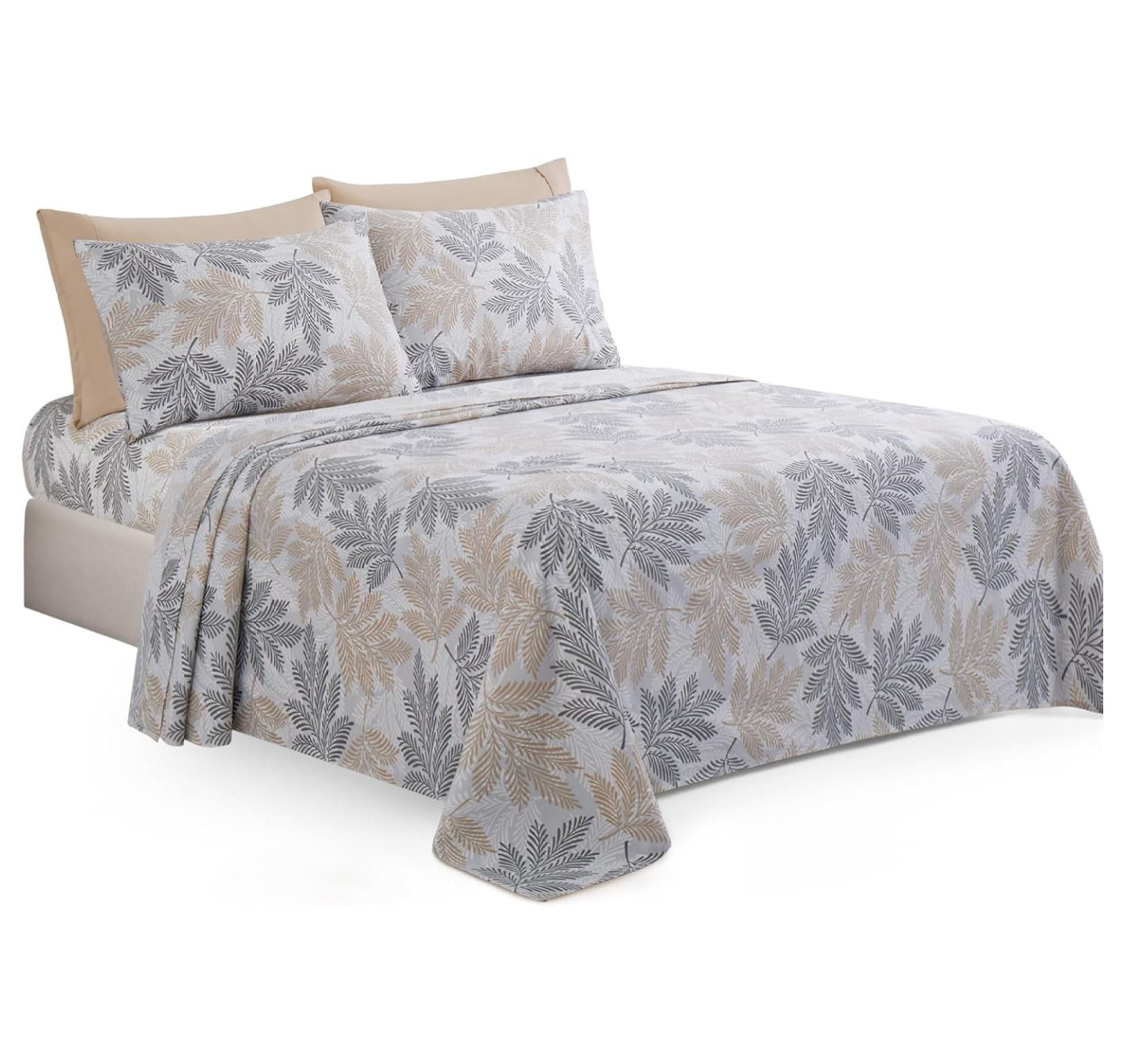 Ultra Soft Silky Deep Pocket Rich Printed Bedding Rayon from Bamboo All Season 4 Pieces Sheet Set with 2 Pillowcases, Taupe Grey Leaves Pattern Twin/Single Size
