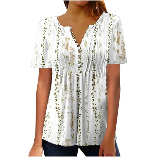 Gibobby Playeras Mujer Camisetas Cuello V Mujeres verano impresión moda Sexy botón Cardigan manga corta camisa cuello Casual túnica ajustada ropa Tops(Blanco,XL)