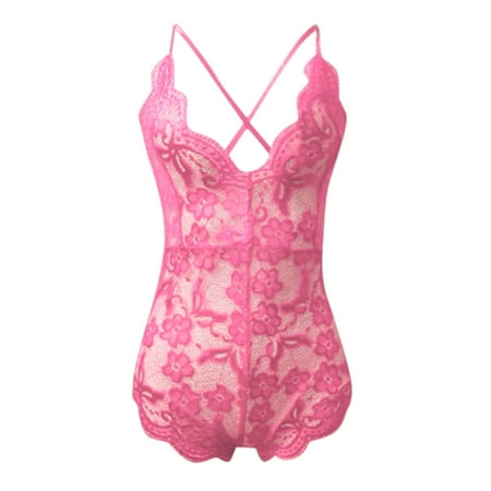 adviicd Body Stockings Lingerie Lingerie for Women Lace Teddy Bodysuit See Through Floral Mini Deep V Neck Underwear One Piece Pink XL
