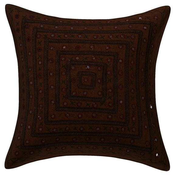 Stylo Culture Ethnic Decorative Throw Pillow Cover Boho Embroidered 16x16 Mirrored Dark Brown Bohemian 40x40 cm Living Room Cotton Geometric Square Cushion Cover | 1 Pc