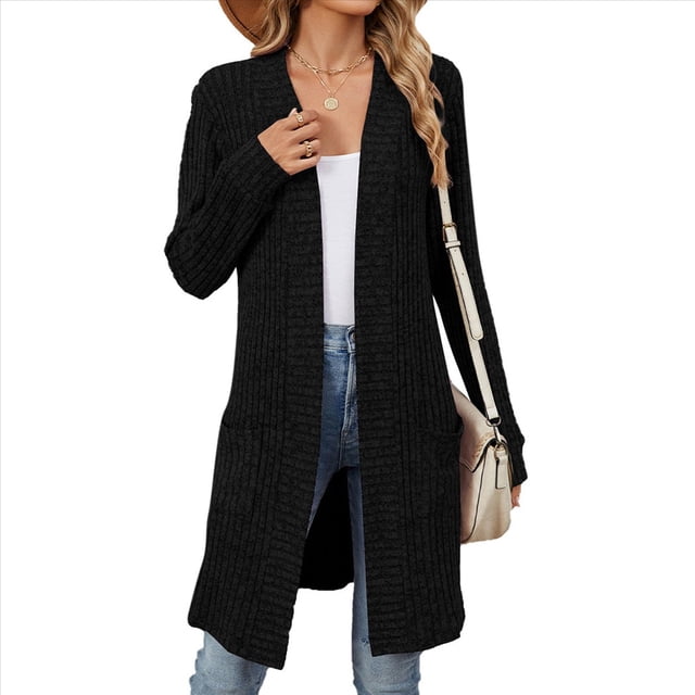 Cárdigan de Otoño para Mujer, Ligero y Suave, de Punto, con Mangas Largas y Bolsillos. Negro M