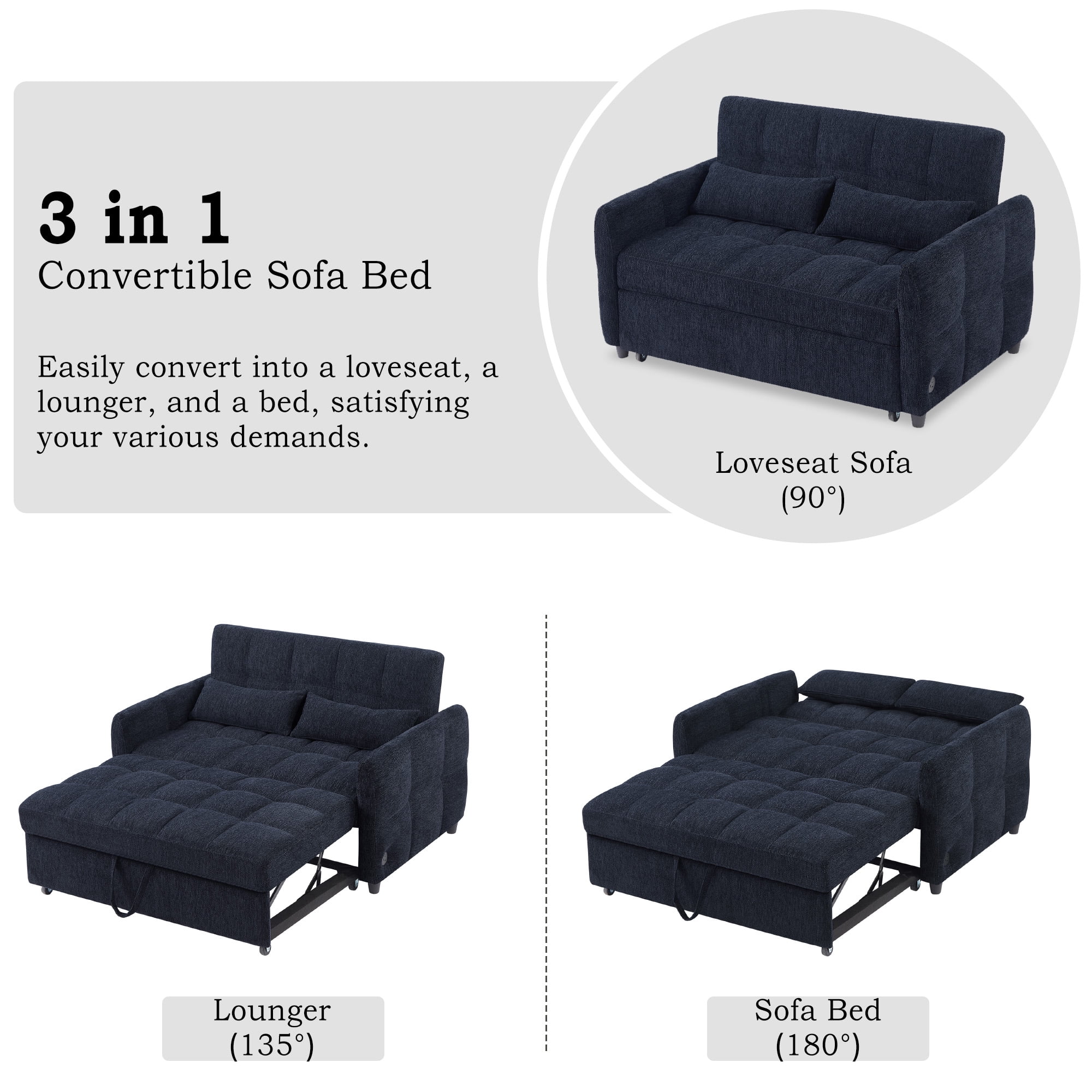 Euroco 52.8" Loveseat Sofa Pull-out Sofa Bed Tufted Sleeper Sofa with an Adjustable Backrest, Three USB Ports and Two Lumbar Pillows for Living Room, Blue