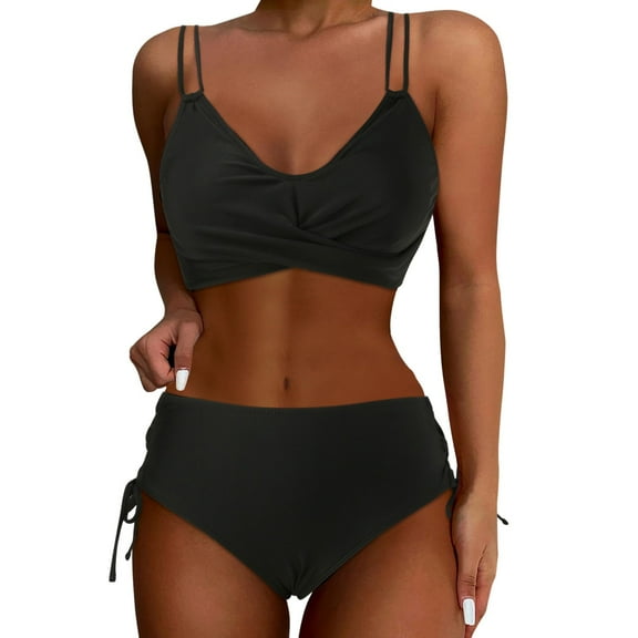 MIXUE Swim Suits for Women Solid Color High Waisted Bikini Sets for Women Set Two Piece Push Up Wrap Swim Suits Top Bottom Swimwears Beachwear,Black,XS