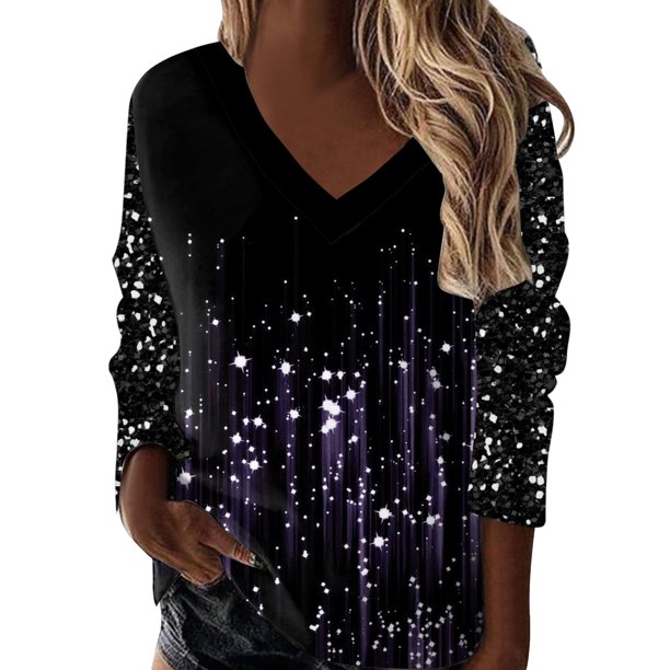 Gibobby Camisas Para Mujer Elegantes Camiseta de manga larga con cuello en V y estampado a la moda para mujer(Blanco, S)