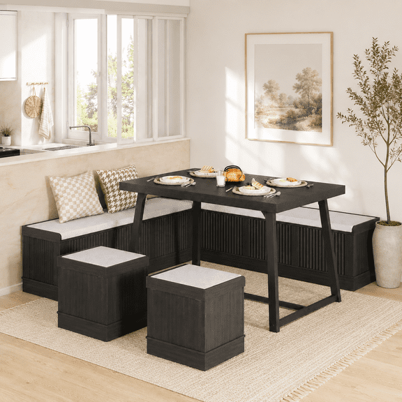 XIAO WEI 43" Corner Dining Set with Storage & Ottomans, Seats 4-6, Brown