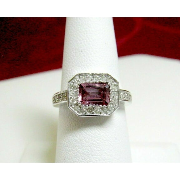 .70 Carat Natural Pink Tourmaline and Diamonds Ring White Gold Plated Silver
