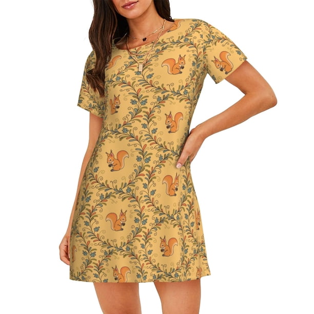 Easygdp Cartoon Squirrel Camisón de manga corta para mujer, informal, estampado