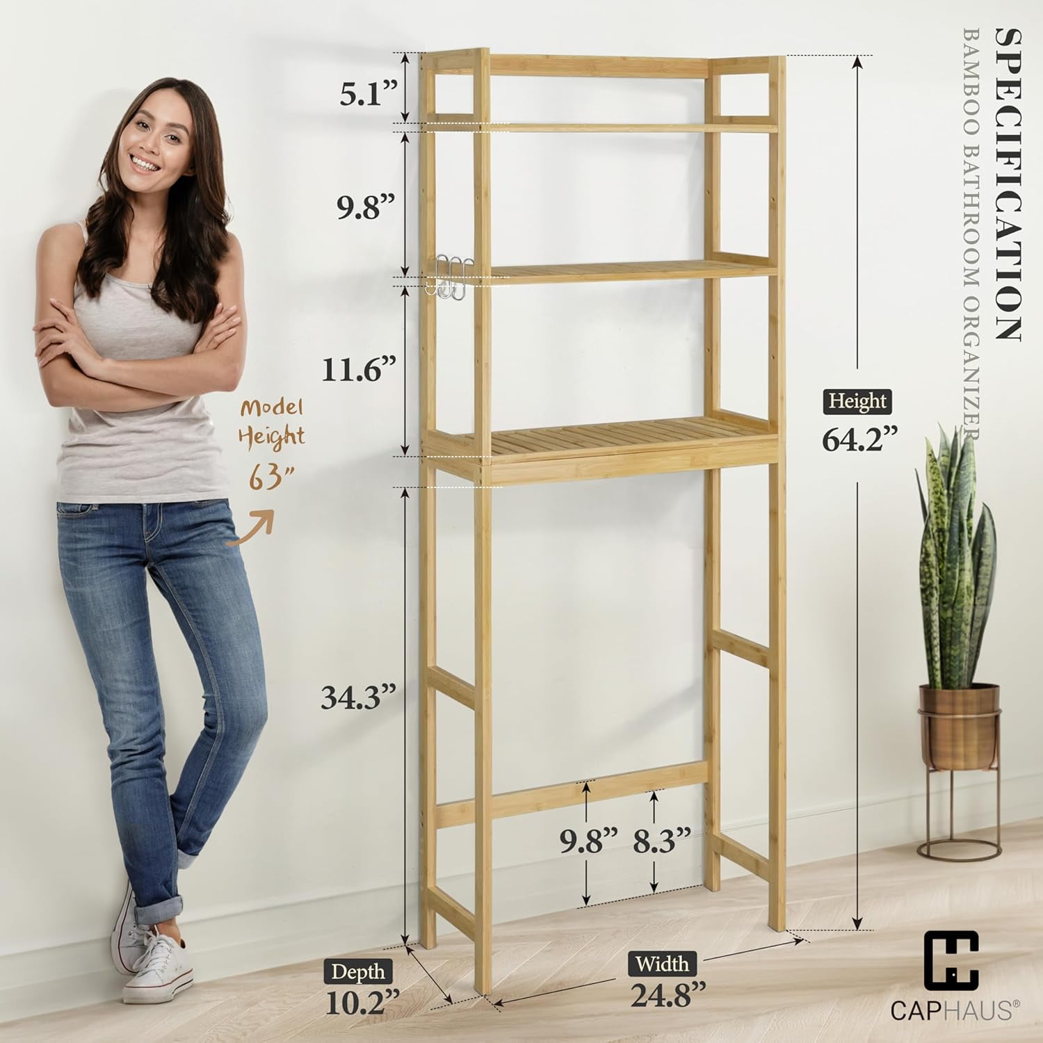 CAPHAUS Bamboo Over The Toilet Storage, Behind Toilet Bathroom Shelf Rack with Hooks & Adjustable Feet, 24-Inch Freestanding Toilet Shelf, Bathroom & Laundry Organizer, Balcony Plant Stand, Natural