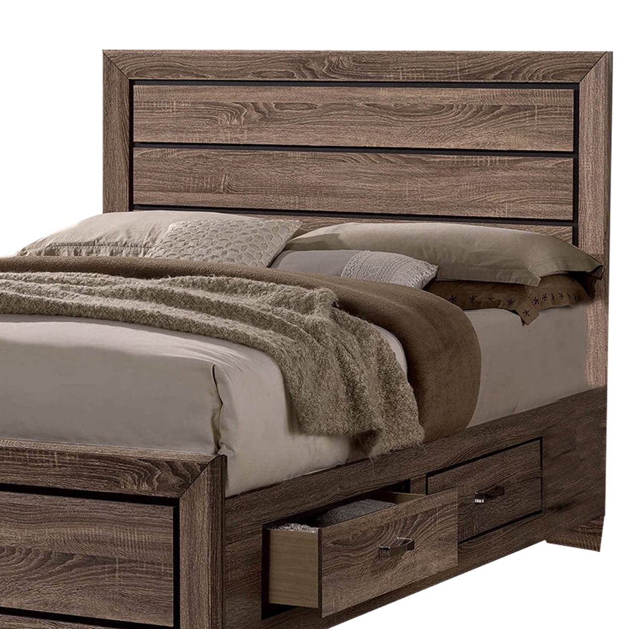 Wooden Eastern King Size Bed with Storage Drawers Taupe Brown - Saltoro Sherpi