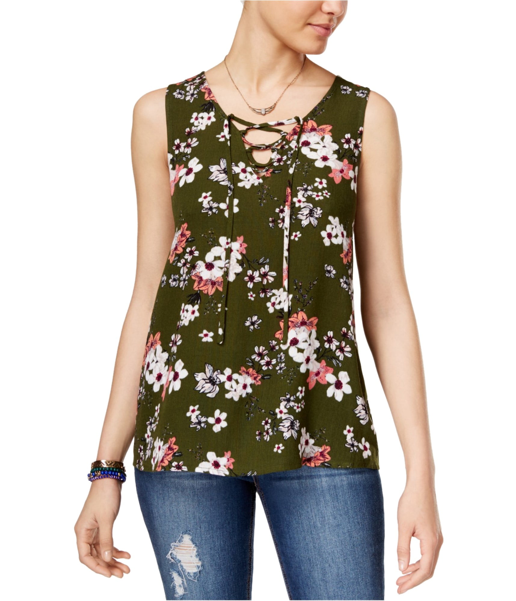 Hippie Rose Womens LaceUp Tank Top, green, Large