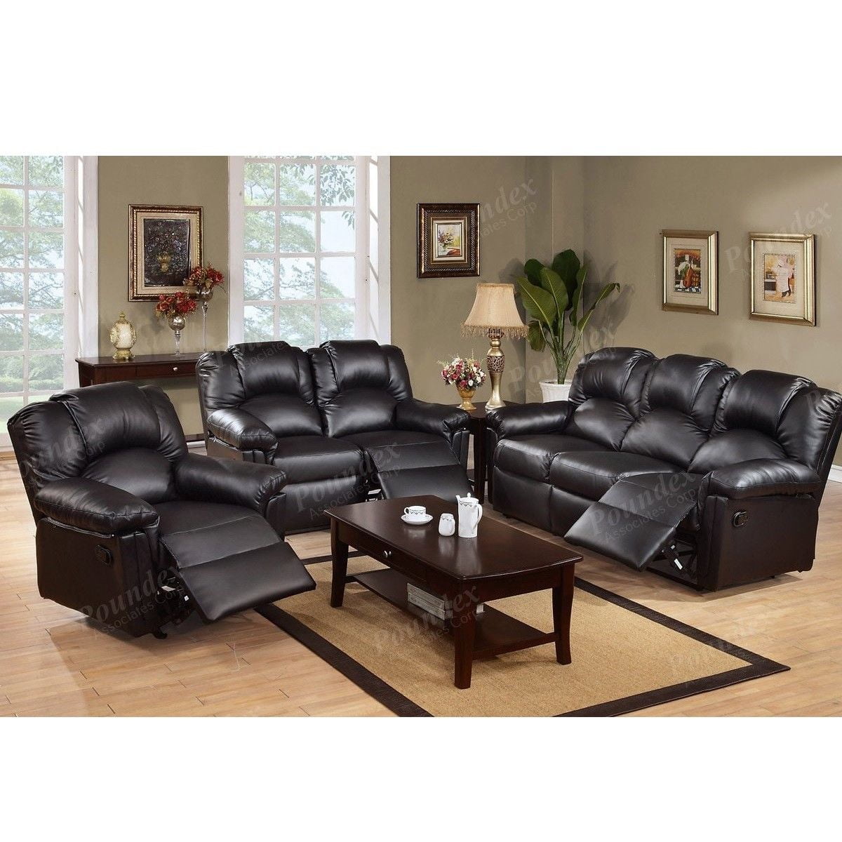 3PC Modern Black Bonded Leather Motion Reclining Sofa 