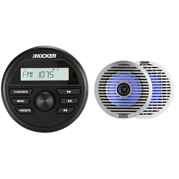 Kicker KMC2 Gauge Mount Marine Grade Receiver & 51KM614FL 6.5" Thin-Mount LED Speakers bundle