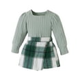 thumbnail image 1 of Pudcoco Kids Girl Fall Outfits Solid Color Square Neck Long Sleeve Tops Buttons Mini Plaid Skirts 2Pcs Clothes Set, 1 of 8