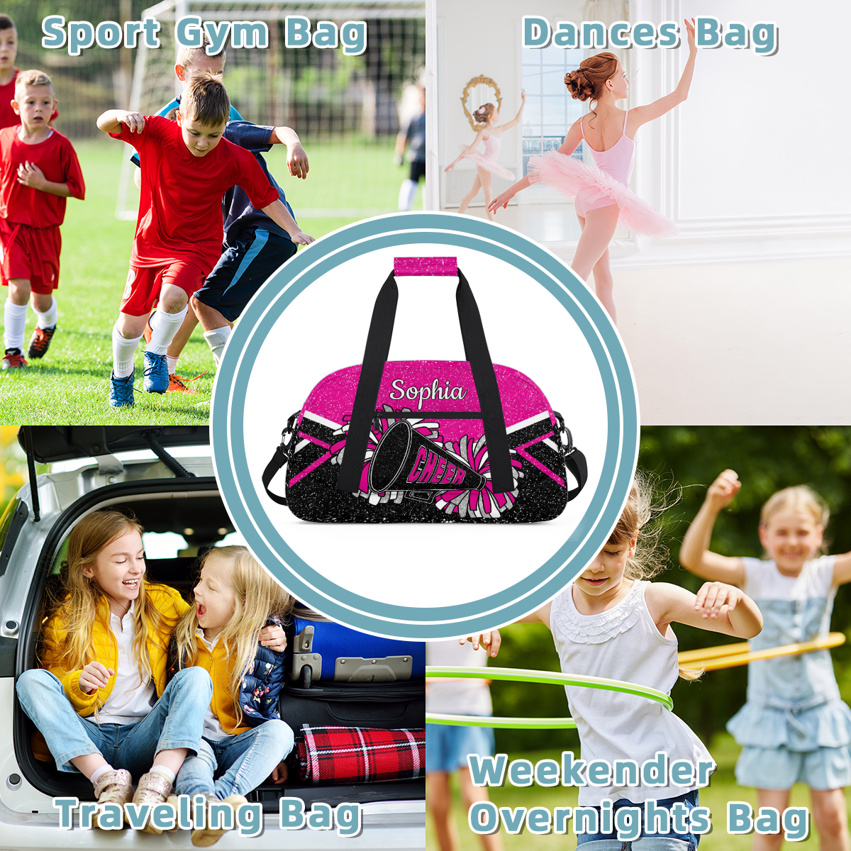 Jiaoprinted Personalized Cheer Bag for Women, Custom Sport Duffel Bag with Name, Customized Gym Bag, Weekender Overnight Bag, Cheerleading Gifts, Pink Black