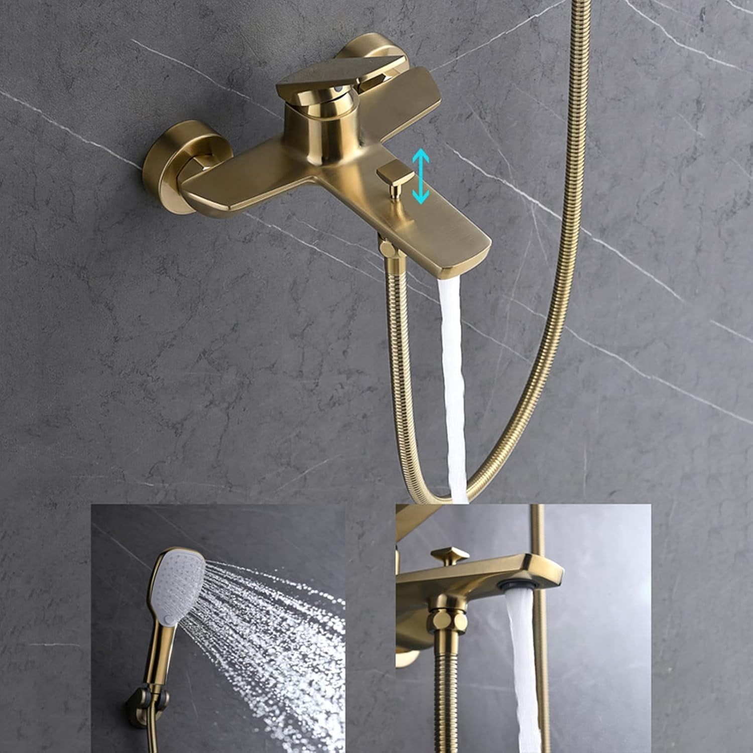 Wall Mounted Bathtub Faucet with Handheld Hand Shower, Brushed Gold Mixer Tap, Single Handle Shower Faucet with Tub Spout