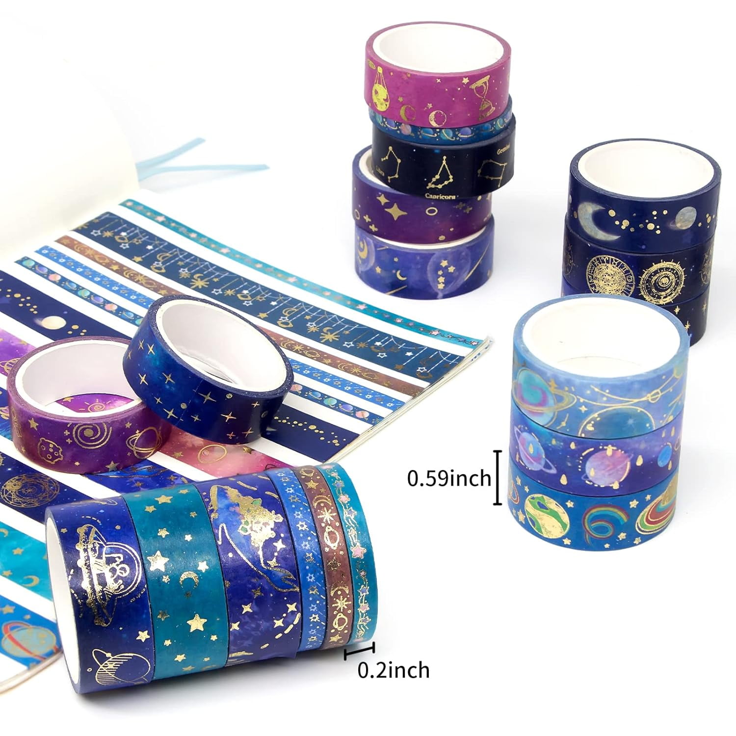 Washi Tape Set - Gold Foil Galaxy Decorative Masking Tape Constellation,Stars,Celestial,Adhesive Tape for Bullet Journal,Diy Craft,Scrapbooking Supplies,Gift Wrapping,Party Decoration