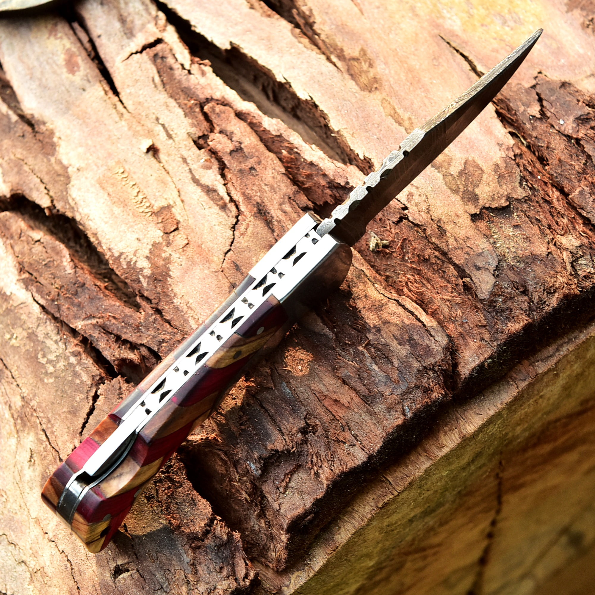 Custom Handmade Damascus Steel Folding Knife/Pocket Knife SS-170479(Red and Olive  Wood)