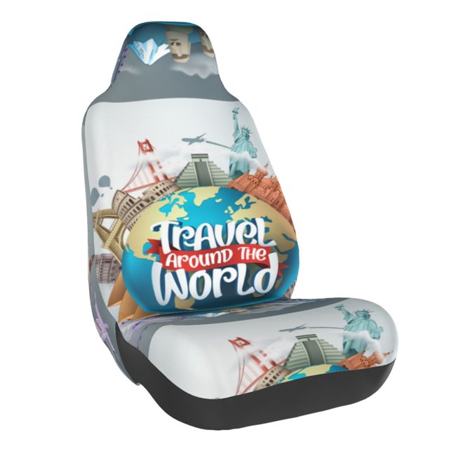 Wukai Travel Around The World Full Set Car Seat Covers with Soft Padding Universal Auto Front Seats Protector and Cushion Mat