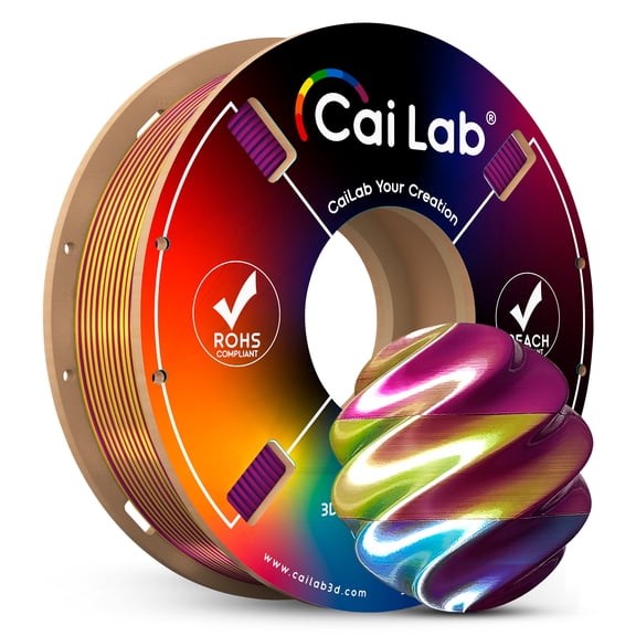 CaiLab Tri-Color PLA Silk 3D Printer Filament, 3 Colors Changing, 7 Ounce Spool, for Banbu FDM Printing, Purple Blue Yellow