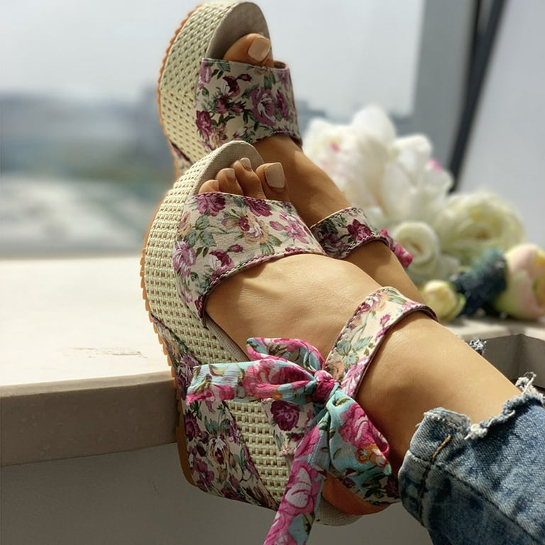 Sehao Women's Ladies Platform Wedges Heel Sandals Floral Flower Lace-up  Shoes Footwear Women's sandals Pink 36
