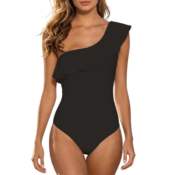 WEIGFI Womens Swimsuit One-Piece Elegant Solid Color Bathing Suit Flowy Ruffles One Shoulder Tummy Control Beachwear Comfort Party Swimwear,Black,L