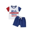 thumbnail image 2 of Aojekbee Toddler Boys 4th of July Shorts Sets Short Sleeve Letter Embroidery Tops Solid Color Shorts Sets, 2 of 10