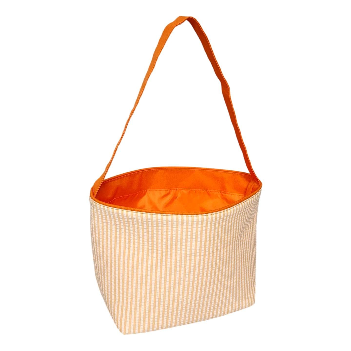 SONA G DESIGNS Seersucker Stripe Fabric Easter Basket Bucket Tote Bag - Toys Egg Collecting Orange