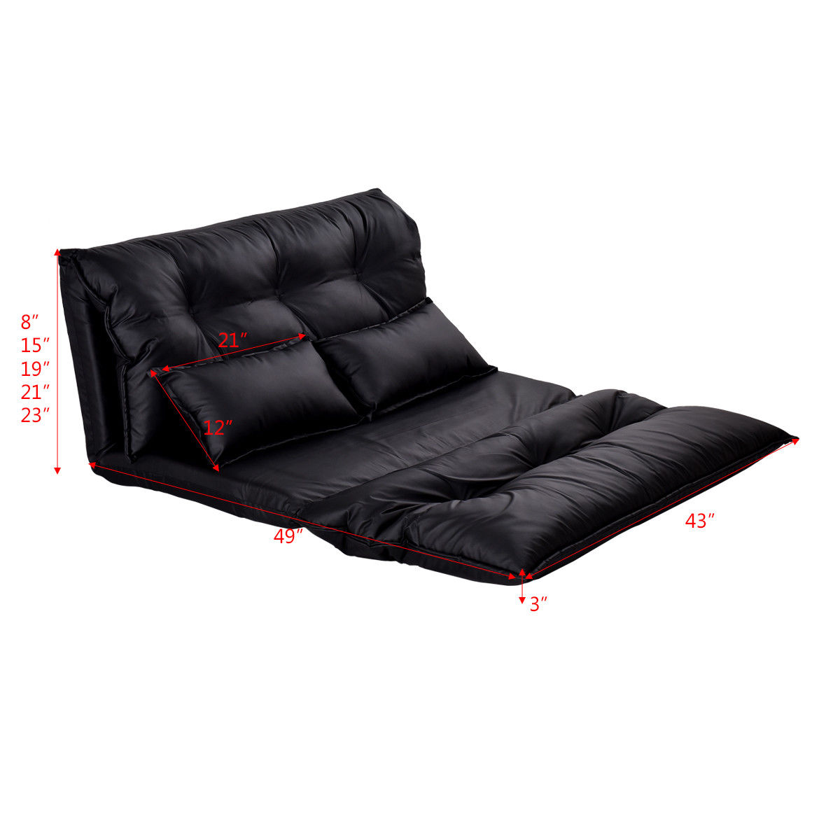 Costway PU Leather Foldable Modern Leisure Floor Sofa Bed Video Gaming 2 Pillows Black - image 7 of 7