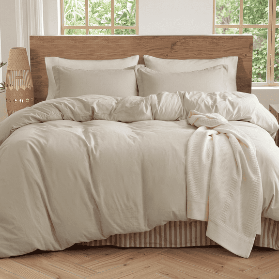U by Bedsure 100% Washed Cotton Duvet Cover Queen Size, Purewoven Plain Simple & Soft Comforter Cover for All Seasons(Linen, Queen)