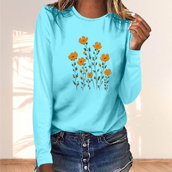Ounisa Long Sleeve Shirts for Womens Round Neck Graphic Printed Tees Shirt Plus Size Pullover Tops 2026 Spring Clothes