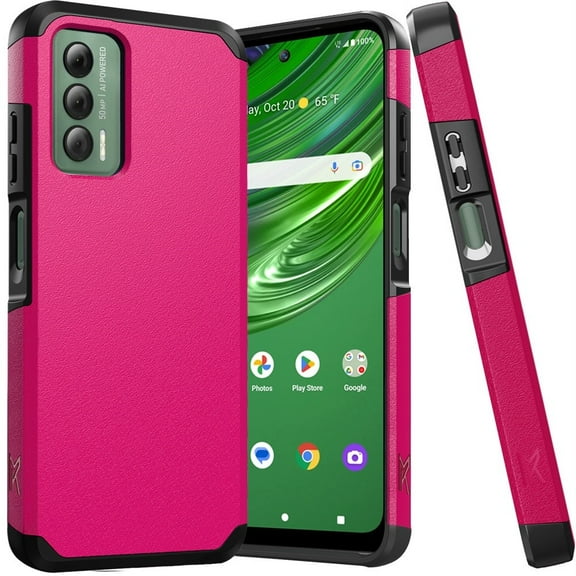 For Cricket Outlast U680AC Slim Shockproof Hybrid Cover Cellphone Case   Tempered Glass - mk Dark Pink