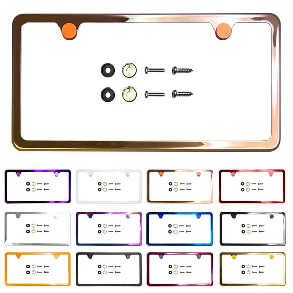 KA Depot Two Hole Slim Version Rose Gold Chrome Polish Mirror License Plate Frame T304 Stainless Steel Metal Screw Caps