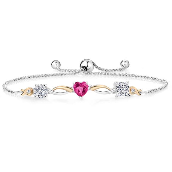 Gem Stone King 925 Silver and 10K Yellow Gold Pink Created Sapphire and Lab Grown Diamond Bracelet for Women | 2.02 Cttw | Gemstone April Birthstone | Round 5MM | Fully Adjustable 9 inch