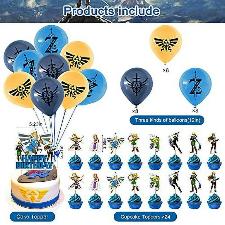 50 Pcs Zelda Birthday Party Supplies, Zelda Theme Game Party Decorations  with Happy Birthday Banner Cake Topper Cupcake Toppers Balloons