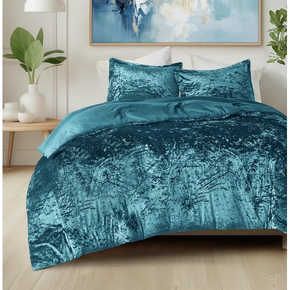 Comfort Spaces Juliette Luxe Comforter Set Velvet Lush with Soft Brushed Microfiber Reverse, All Season Cozy Velvet Bedding Sets, Fluffy Comforter Bed Set, Matching Sham, Teal Full/Queen 3 Piece