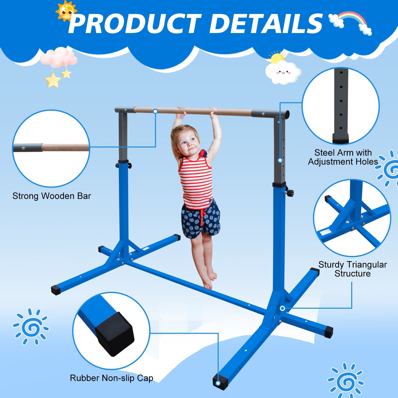EUROCO Expandable Gymnastics Bar for Kids, Height Adjustable Horizontal Training Bar Home Gym