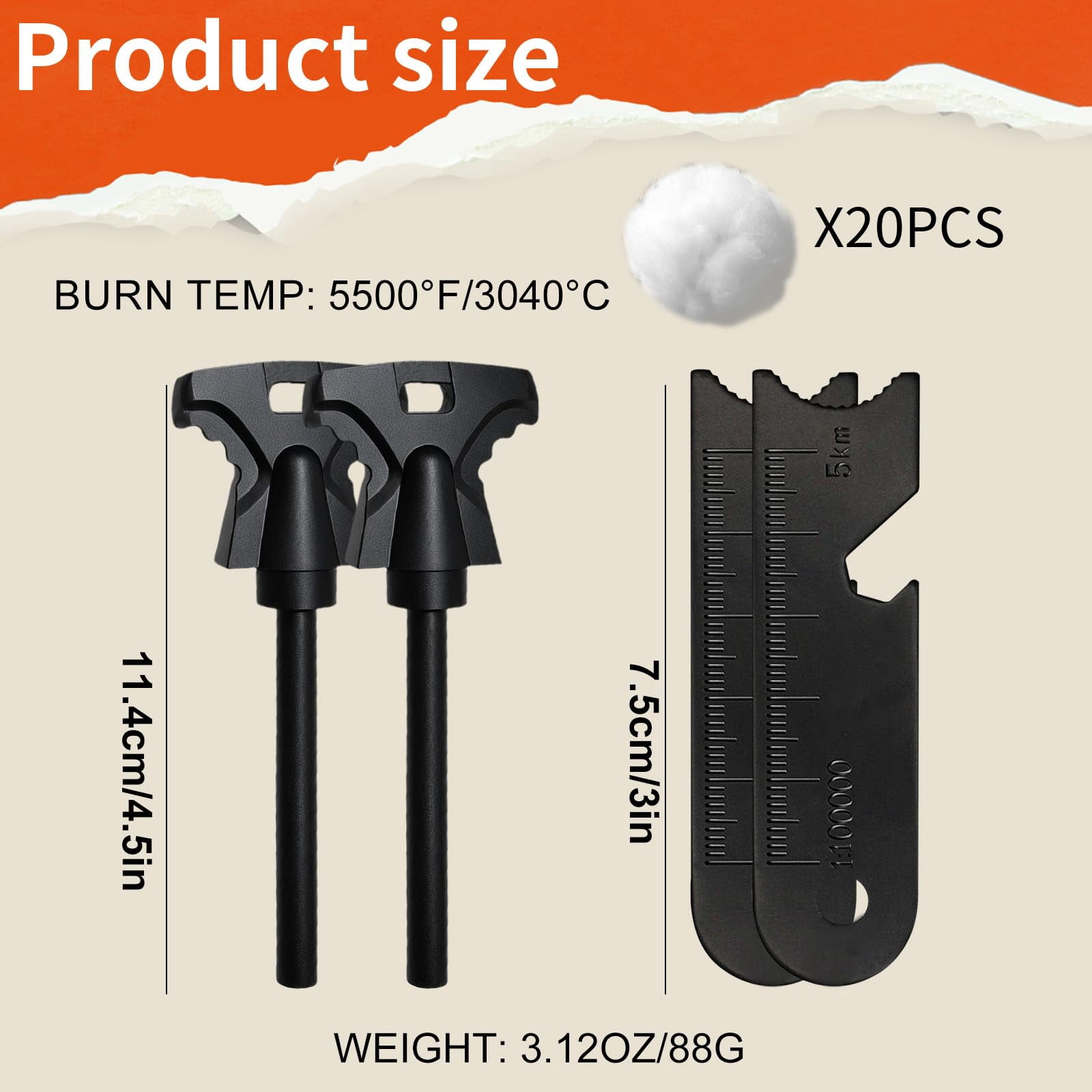 2 Pack Magnesium Fire Starter with Striker Ferro Rod Fire Starter Survival Tool High Temp Magnesium Rod with 20 Waterproof Tinder Packs Steel Fire Starter for Camping Hiking Emergency