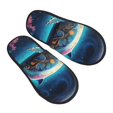 

KLL Vintage Colorful Patterned Dolphin Slippers for Women Men House Slip on Indoor Outdoor Bedroom Furry Fleece Lined Ladies Comfy Anti-Skid Rubber Hard Sole-Medium