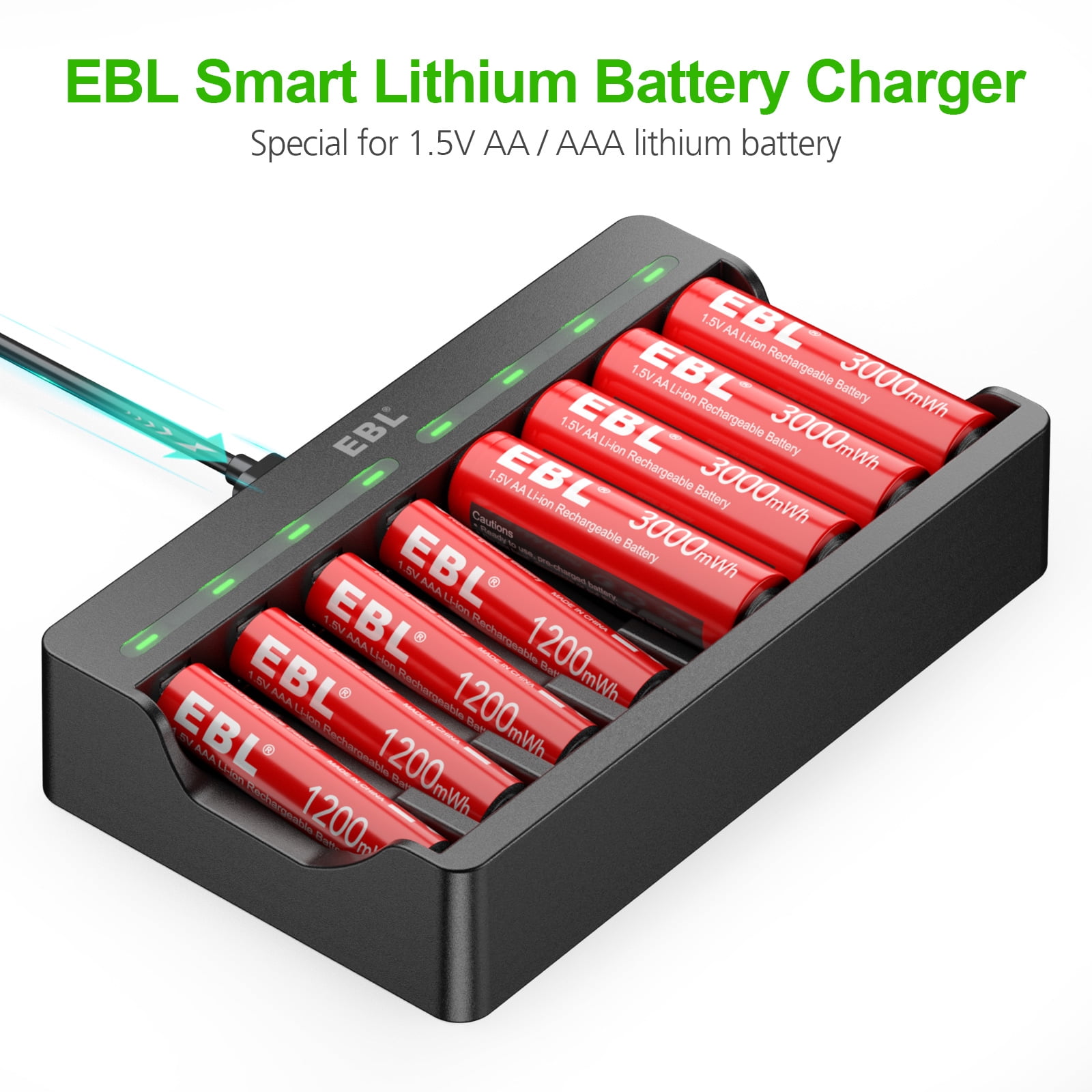 EBL 4-Pack 1.5V AA Rechargeable Batteries & Lithium AAA Batteries (4 Pack) with 8 Slots Smart Battery Charger