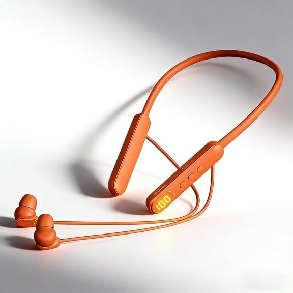 YingFit Orange Wireless Neckband Bluetooth Headset, LED Digital Battery Display, Ergonomic In-Ear Earbuds for Daily Use, Workout, Music & Calls