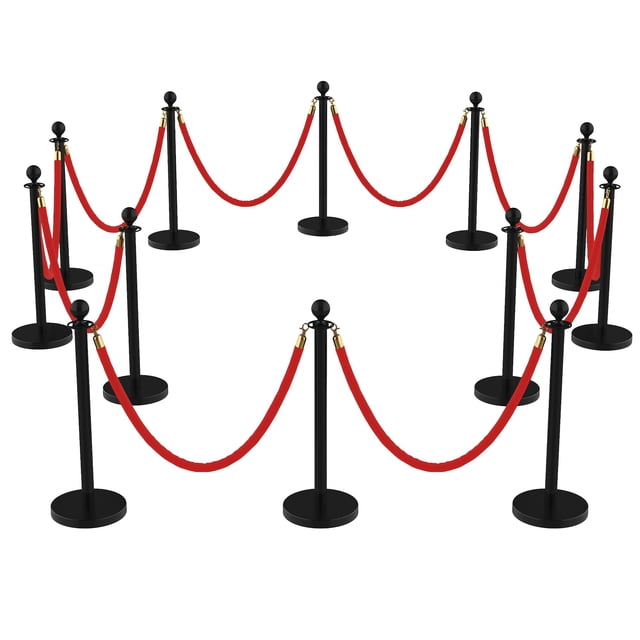 Superior Crowd Control Barrier Set – 12 Stainless Steel Stanchion Posts with 10 Crimson Soft Ropes & 26FT Red Carpet – Outdoor Decorative Fence for Events, Weddings, Parties, Hotels – 12pcs