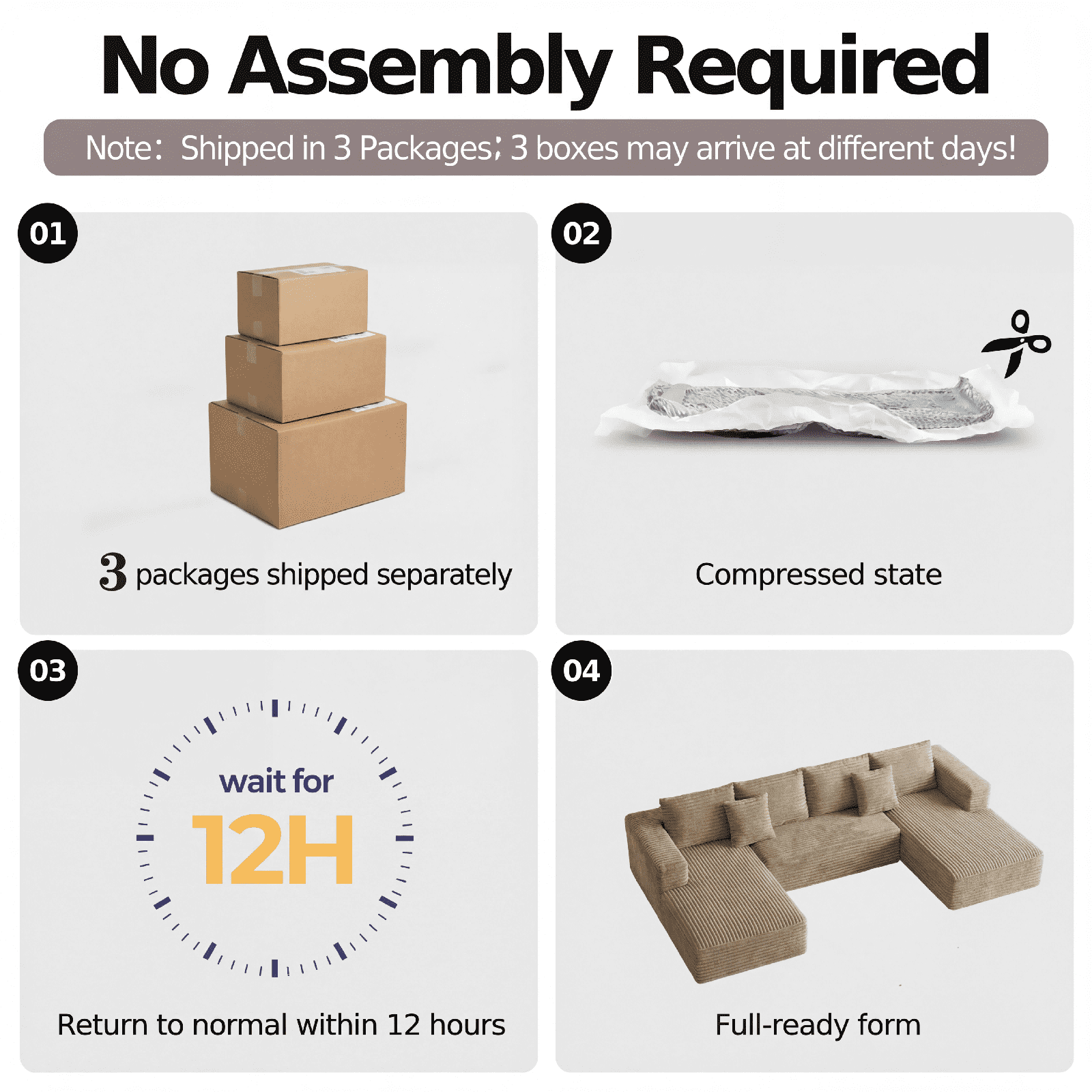 Cubente 134.7" Modular Cloud Sectional Sofa, Cloud Boneless Couch No Assembly Required Reversible U-Shaped Couches with Chaise, Oversized Sofa with 4 Seats for Living Room