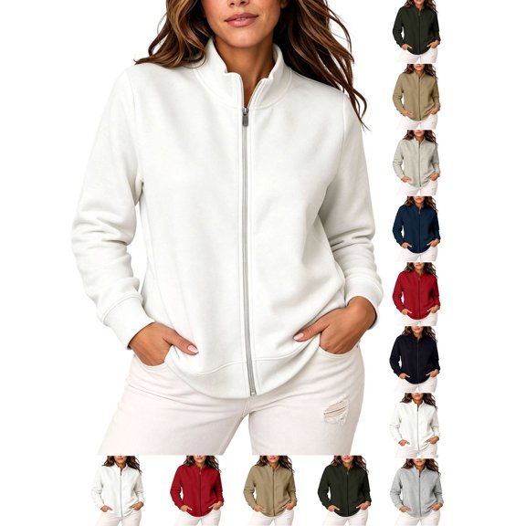 Hzzrkos Women Casual Relaxed Solid Color Stand Collar Long Sleeve Full Zip Pocket Outerwear Sweatshirt Jacket Top White#1