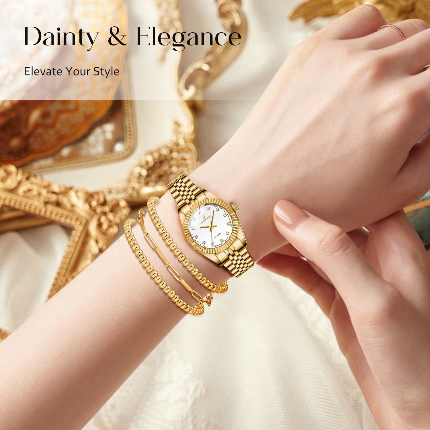 Womens Watch Set, 18K Gold Plated Bangle Bracelets Ring for Women, Dainty Ladies Wrist Watch Waterproof Analog Watch, Gifts for Women - 4PCS
