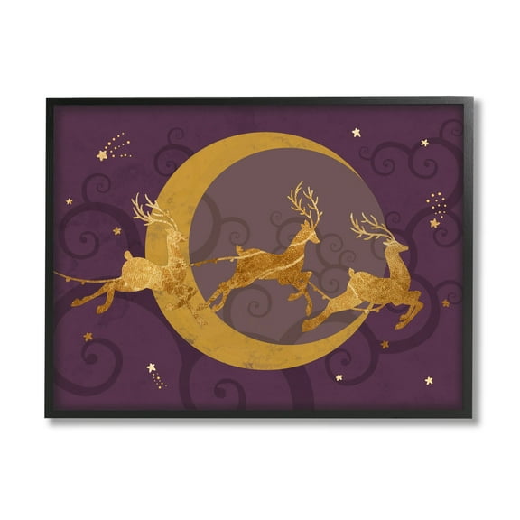 Stupell Industries Reindeers Flying over Crescent Moon Glam Christmas Sky Animals & Insects Painting Black Framed Art Print Wall Art, 11 x 14