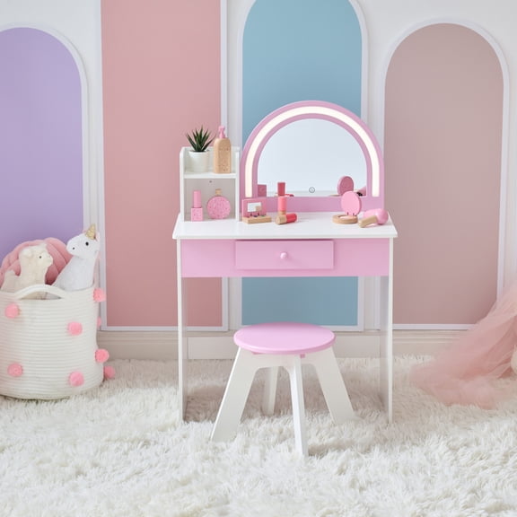 Teamson Kids Rosé Shine Wooden 2-in-1 Play Vanity & Desk with LED Mirror, Modern Pretend Makeup Table and Stool
