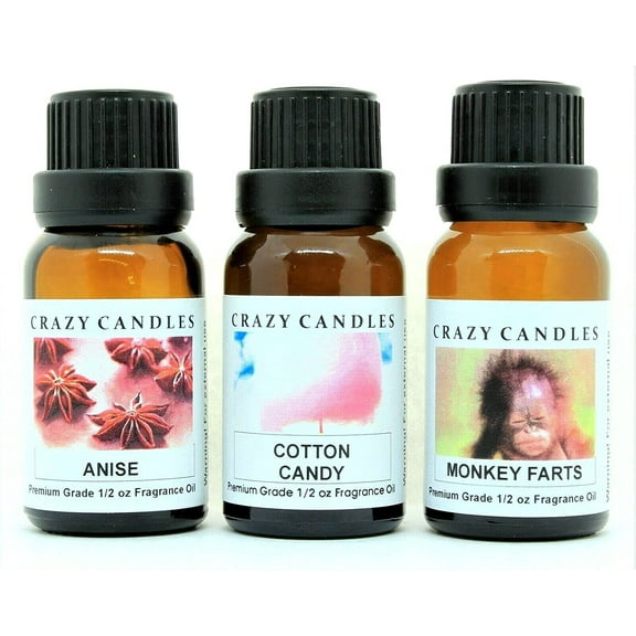 Crazy Candles 3 Bottles Set 1 Anise, 1 Cotton Candy, 1 Monkey Farts 1/2 Fl Oz Each (15ml) Premium Grade Scented Fragrance Oils