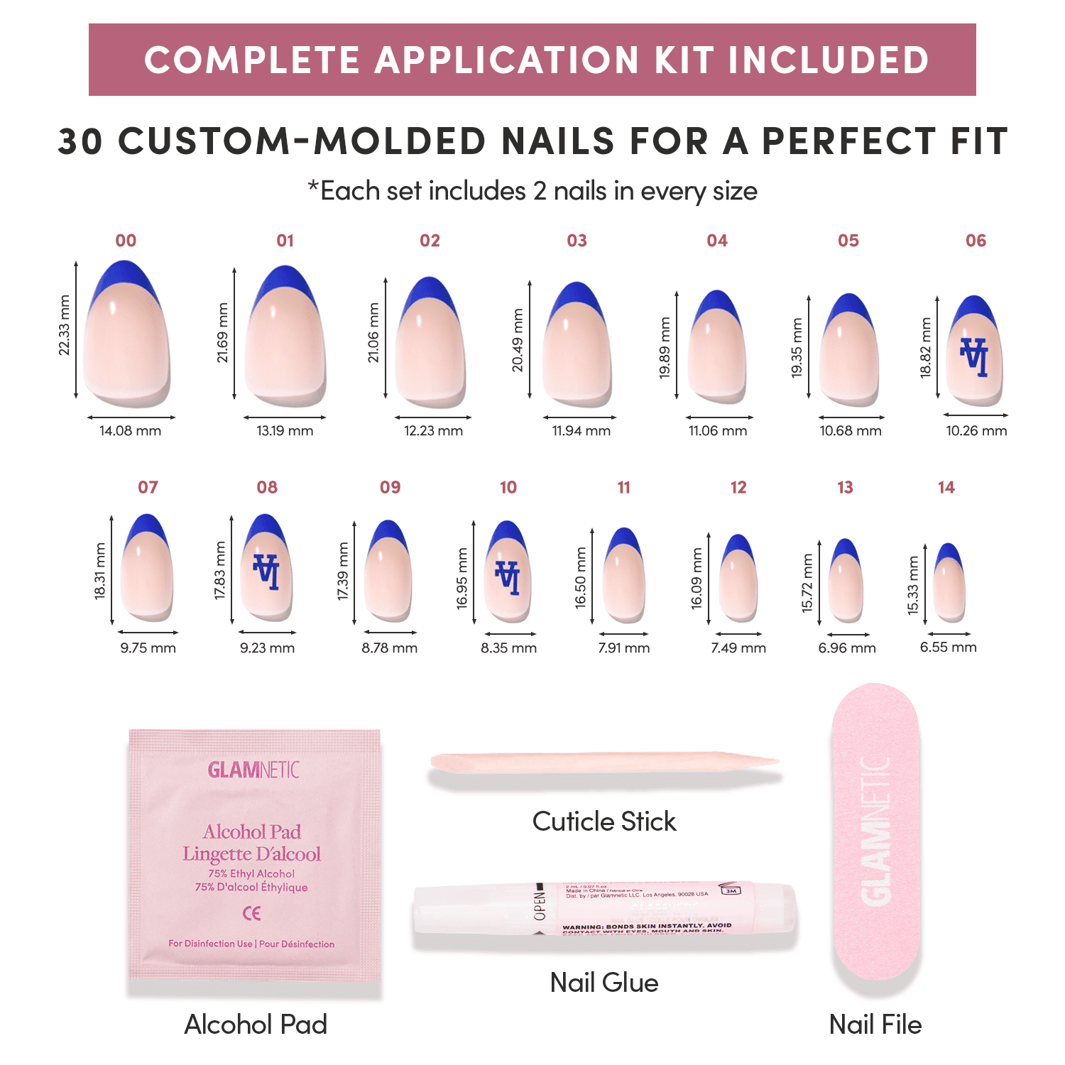 Glamnetic x Fanatics Press On Nails - Los Angeles Dodgers | Short Almond Fake Nails, MLB Dodgers Blue French Tips, Baseball Nails, Salon-Quality | 15 Sizes - 30 Nail Kit with Glue